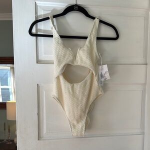 Cream One Piece Swimsuit, Low-Back with Cut-Out Design